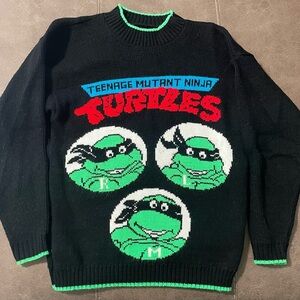 Vintage 90s TMNT Ninja Turtles Big Logo Knit Sweater sz XS Black Green